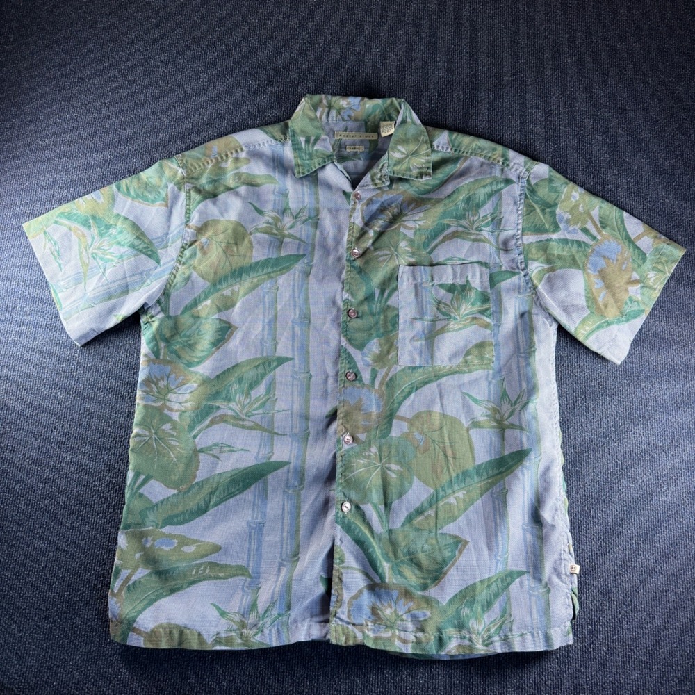 Robert Stock Mens Large Blue Green Tropical Bamboo Leaf Print Button Up Shirt